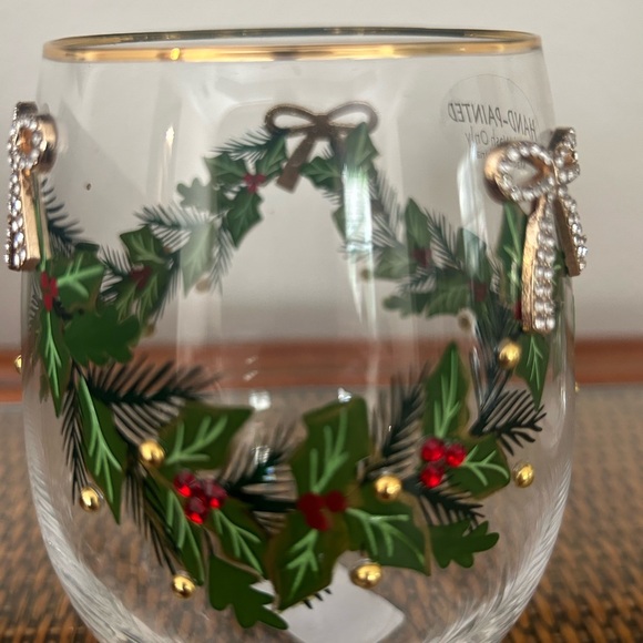 Stemless Wine Glasses Christmas Poinsettia Hand Painted W/Gold Rim SET 2 - Picture 3 of 4